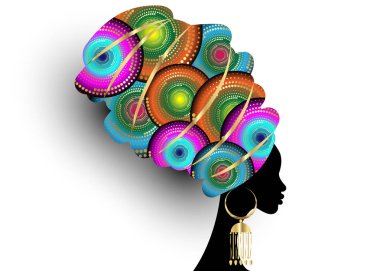geleneksel türban el yapımı kabile motifli güzel Afrikalı kadın portresi, Kente kafası altın etnik küpeli Afrikalı, siyah Afro kadın, beyaz arka planda izole edilmiş vektör silueti