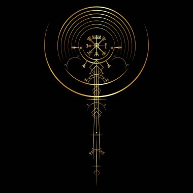 Altın Vegvisir sihirli seyir pusulası antik çağlarda kaldı. Vikingler, Viking toplumunda yaygın olarak kullanılan İskandinav mitolojisine göre birçok sembol kullandılar. Siyah üzerine izole edilmiş Yuvarlak Logo Wiccan ezoteric işareti
