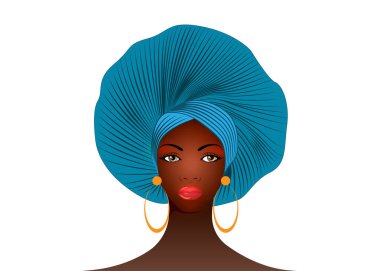 Nijerya Başlıklı, Afro türban takan Afrikalı Amerikalı bir kadın portresi. Yoruba Wedding 'deki güzel siyah kız saç stili. Moda modeli vektörü beyaz arkaplanda izole edildi