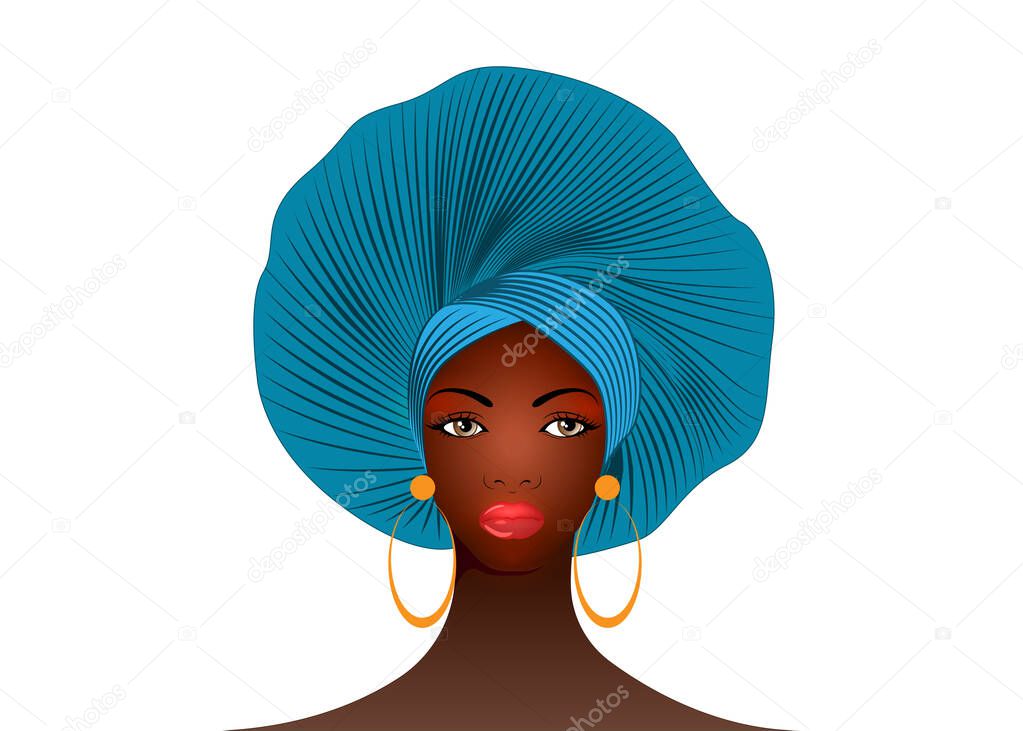 Nigerian Headtie, portrait African American woman wearing an ethnic Afro turban. Beauty black girl in Yoruba Wedding clothes hairstyles. Fashion model vector isolated on white background