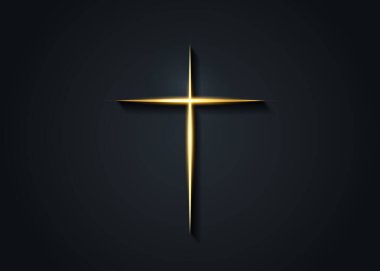 Işığın haçı, Hristiyanlığın altın çerçeve sembollü parlak haç. Umut ve inancın sembolü. Altın dini işaret. Siyah arkaplanda izole edilmiş vektör illüstrasyon simgesi