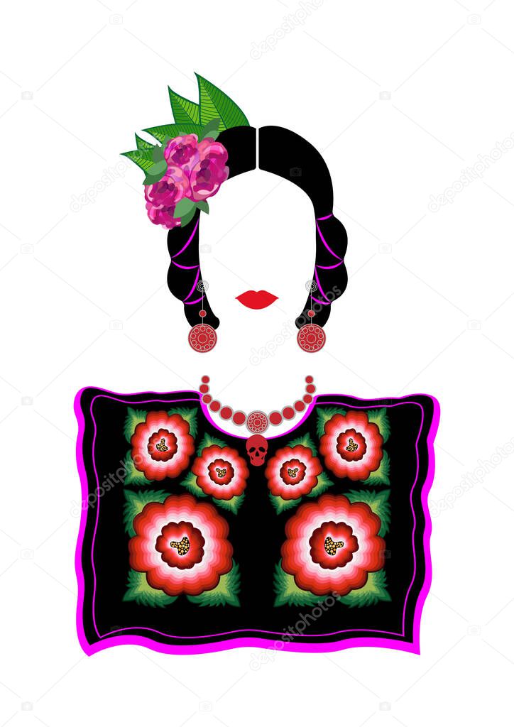 Mexican woman in TEHUANA clothing: Mexican huipil, ethnic blouse handmade, beautiful blouse with floral embroidery border. Latin ethnicity and flowers hairstyle, Frida Kahlo style vector isolated on white background