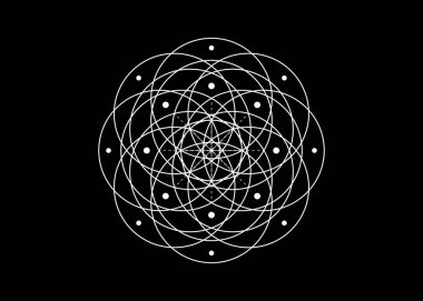 Geometrik mistik mandala, Kutsal Geometri. Yaşam sembolü tohumu, simya ezoterik hayat çiçeği. Beyaz vektör çizgili sanat çemberleri, siyah arka planda izole edilmiş ilahi meditasyon tılsımını işaret eder.