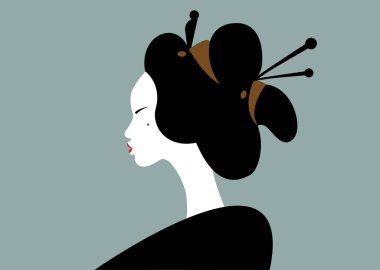 Genç Japon kızın portresi eski bir saç stili. Geyşa, maiko, prenses. Geleneksel Asyalı kadın tarzı. Parmak izi, poster, tişört, kart. Vektör illüstrasyonu eski yeşil arkaplanda izole edildi