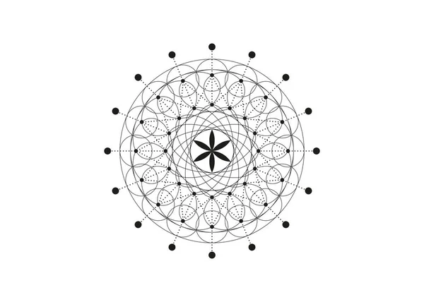 生命の花は神聖幾何学を象徴する 錬金術の幾何学的神秘的なマンダラ密教生命の種 白い背景に隔離されたベクトル点線アート黒と白の神聖な瞑想のお守り — ストックベクタ
