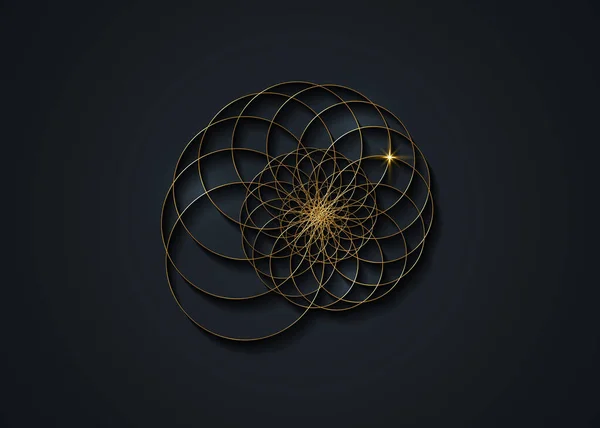 カタツムリのスパイラルロゴ 金の円の海のシェル 神聖幾何学ロゴテンプレート 対数の列 フィボナッチスパイラルロゴデザイン 黄金比だ 生命の花 神の割合黒に隔離された — ストックベクタ