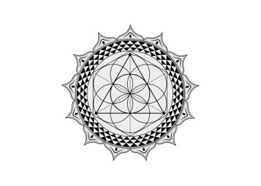 Yaşam Çiçeği sembolü Kutsal Geometri. Logo simgesi, simya ezoterik hayat tohumunun mistik mandala 'sı. Siyah vektör dövmesi. İlahi meditasyon tılsımı. Beyaz arka planda izole edilmiş.