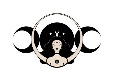 Triple goddess symbol of moon phases. Wiccan woman icon. Hekate, mythology, Wicca, witchcraft. Triple Moon Religious Wiccan sign. Logo Neopaganism symbol. Crescent, half and full moon, vector isolated clipart