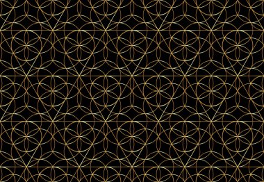 Siyah arkaplandaki kusursuz hayat sembolü, Kutsal Geometri. Altın Geometrik mistik mandala simya esrarengiz hayat tohumu sanat çizgisinde. Vektör lüks şablonu