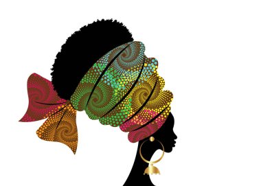 geleneksel türban el yapımı kabile motifli güzel Afrikalı kadın portresi, Kente kafası etnik küpeli Afrikalı siyah kadın Afro kıvırcık saç, beyaz arka planda izole vektör silueti