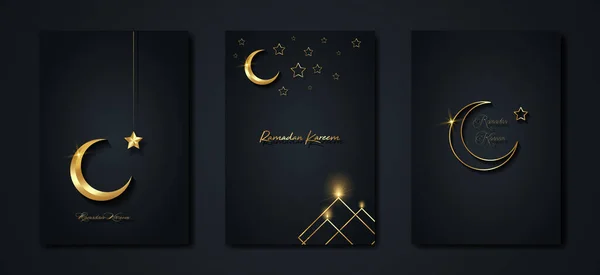Ramadan Kareem 2021向量集贺卡 黑色背景上的金色半月形 金色假日海报与文字 伊斯兰符号 概念穆斯林宗教横幅 派对邀请函 — 图库矢量图片