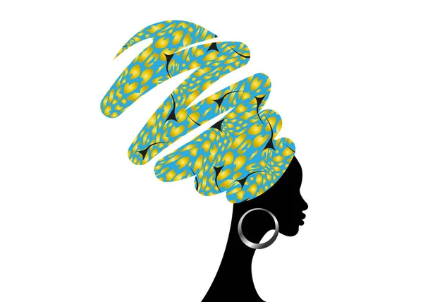 Retrato Mujer Africana Con Turbante Shenbolen Ankara Headwrap Afro Chica — Vector de stock