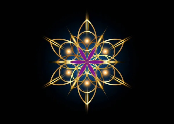 生命の花は神聖幾何学を象徴する 光沢のある金の豪華なロゴのアイコンのラウンド幾何学的な神秘的な紫色のマンダラ錬金術の神秘的な生命の種 黒の背景に隔離されたベクトル神の瞑想のお守り — ストックベクタ