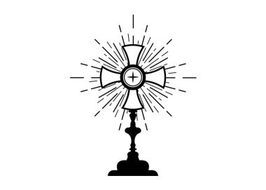 Monstrance. Roma Katolik, Eski Katolik ve Anglikan törenlerinde kullanılan Ostensoryum. Kutsanmış Ayin 'in Kutsanması, Ayin' e ev sahipliği yapmak için kullanılır. Vektör beyazda izole edildi 