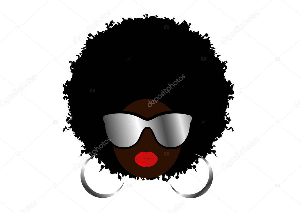Kinky curly afro hair, portrait African Woman wear sunglasses, dark skin female face, ethnic traditional coiffure, sexy red lips, hair style concept salon, Avatar vector isolated on white background
