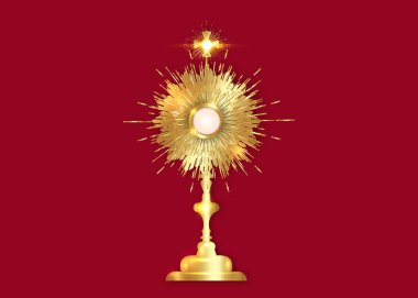 Monstrance Gold Ostensorium used in Roman Catholic, Old Catholic and Anglican ceremony traditions. Benediction of the Blessed Sacrament is used to displayed to Eucharistic host. Vector isolated on red clipart