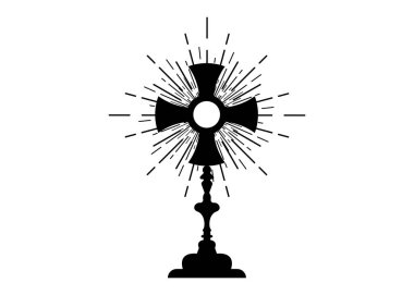 Monstrance. Roma Katolik, Eski Katolik ve Anglikan törenlerinde kullanılan Ostensoryum. Kutsanmış Ayin 'in Kutsanması, Ayin' e ev sahipliği yapmak için kullanılır. Vektör beyazda izole edildi 