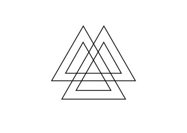 Karışık üçgenler, valknut, kutsal geometri. Düz simge. Logo, dövme, okült tılsım. Beyaz arkaplanda izole edilmiş ezoterik sembol vektör çizimi 