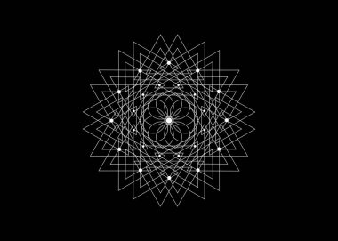 Kutsal Geometri yaşam tohumu. Logo ikonu, simya ezoterik çiçeğinin geometrik mistik mandalası. Beyaz çizgili sanat. Siyah vektör dövmesi. İlahi meditasyon tılsımı. Siyah arka planda izole edilmiş.