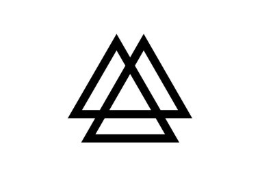 Karışık üçgenler, valknut, kutsal geometri. Düz simge. Logo, dövme, okült tılsım. Beyaz arkaplanda izole edilmiş ezoterik sembol vektör çizimi 