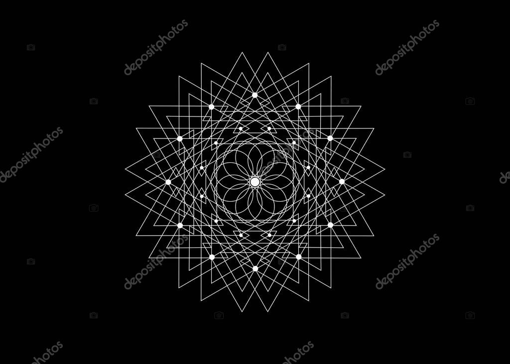 Sacred Geometry Seed of life. Logo icon, Geometric mystic mandala of alchemy esoteric Flower. White line art. Vector black tattoo divine meditative amulet isolated on black background