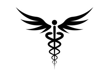 Tıbbi caduceus sembolü siyah renkli. Kamu sağlığı logosu, iki yılan meşalesi silueti. Eski Hermes çubuk işareti, beyaz arkaplanda izole edilmiş vektör 
