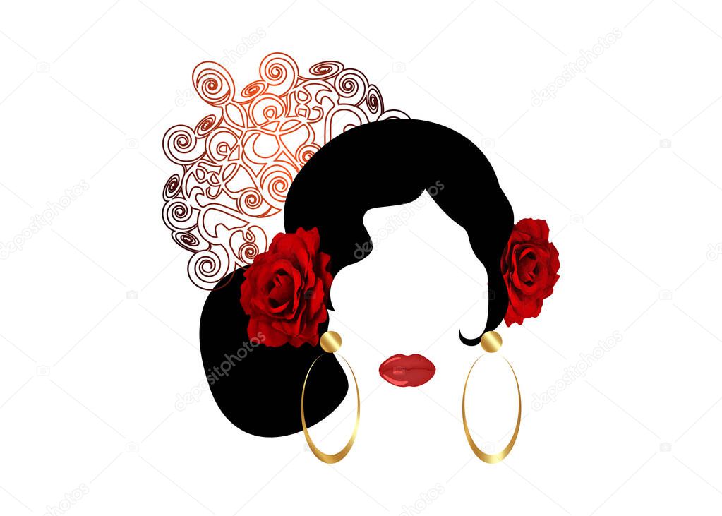 Portrait of flamenco woman beautiful girl, Spanish style. Latin Lady wearing gold folk accessories peineta, golden comb, red rose flower and earrings, Vector illustration isolated on white background
