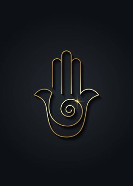 Hamsa el sarmal ikonu. Altın Çizgi Sanat Vektörü Yahudi dini işareti. Fatima 'nın Altın Lüks El Minimalist logo tasarımı siyah arka planda izole edildi 