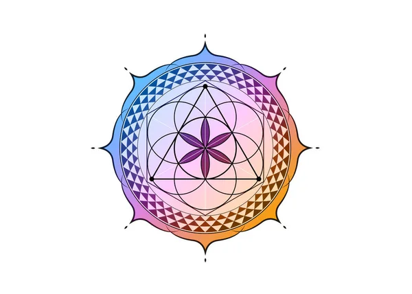 生命の花は神聖幾何学を象徴する カラフルなグラデーションロータスラウンドロゴアイコン錬金術密教の幾何学的な神秘的な曼荼羅生命の種 白地に隔離されたベクトル神の瞑想のお守り — ストックベクタ