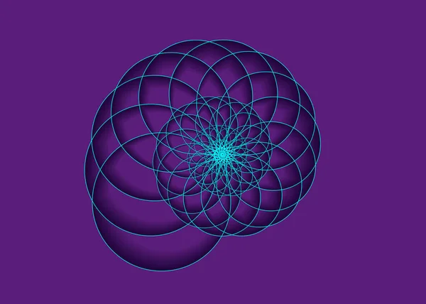 カタツムリのスパイラルロゴ 青い円の海のシェル 神聖幾何学ロゴテンプレート 対数の列 フィボナッチスパイラルロゴデザイン 黄金比だ 生命の花 紫に隔離された神の割合 — ストックベクタ