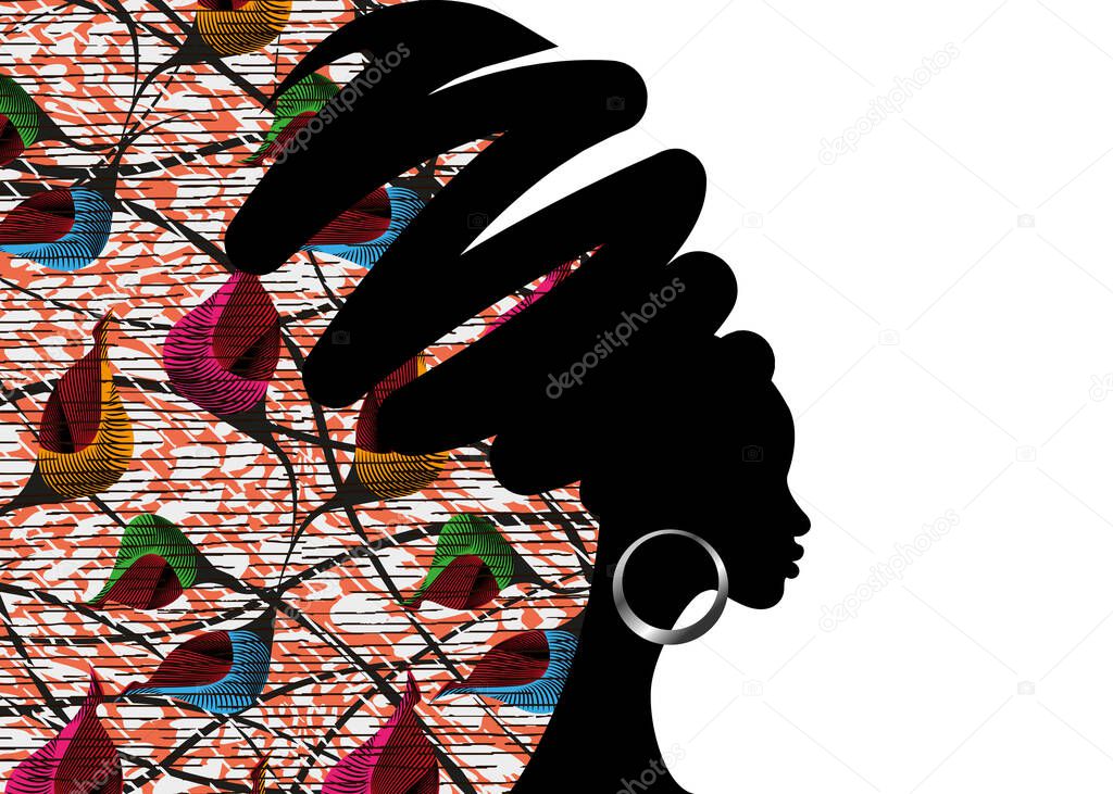 Banner portrait African woman in traditional turban handmade tribal motif wedding flowers, Kente head wrap African Wax print fabric background. Afro curly hair, vector silhouette isolated on white