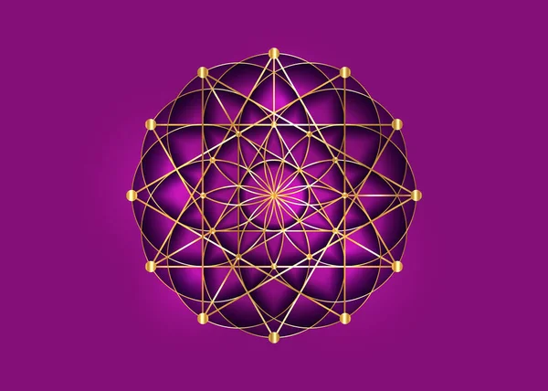 生命シンボルの花メタトロン メルカバ神聖な幾何学 ロゴアイコン錬金術の幾何学的神秘的な曼荼羅生命の種 紫色の背景に隔離されたベクトルゴールドネオン神聖な瞑想のお守り — ストックベクタ