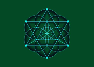Yaşam Çiçeği sembolü Metatron Merkaba Kutsal Geometri. Hayatın simya ezoterik tohumunun logo simgesi Geometrik mistik mandala 'sı. Mavi vektör neon ilahi tılsım yeşil arka planda izole edilmiş.
