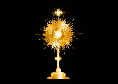 Monstrance Gold Ostensorium Roma Katolik, Eski Katolik ve Anglikan törenlerinde kullanılır. Kutsanmış Ayin 'in Kutsanması, Ayin' e ev sahipliği yapmak için kullanılır. Siyah üzerine izole vektör