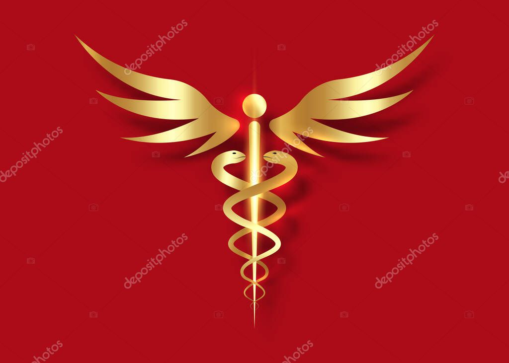 Medical caduceus symbol in golden color. gold luxury Logo concept of public health, two snake torches silhouette. Ancient hermes rod sign, vector isolated on red background