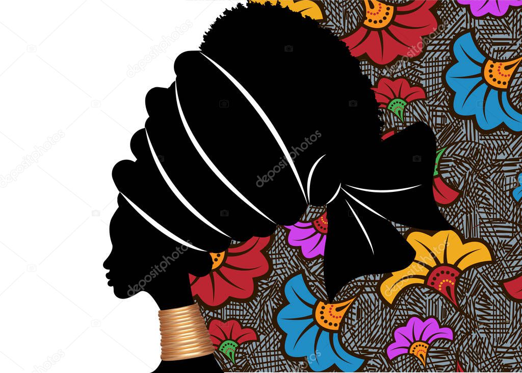 Banner portrait African woman in traditional turban. Tribal motif wedding flowers background, Kente head wrap. African ethnic necklace, black women Afro curly hair, vector silhouette isolated 