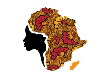 Afrikalı kadın kavramı, Afrika haritası şeklinde türbanlı yüz profili silueti. Beyaz arkaplanda izole edilmiş renkli Afro baskı kumaşı, kabile logosu tasarım şablonu Vektör illüstrasyonu 