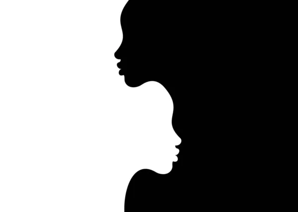 黒と白の背景に 女性の頭のシルエットが2つずつ離れていく 2人の女性の顔の肖像ベクトルテンプレート — ストックベクタ
