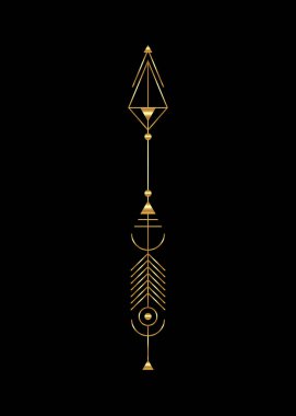 Altın okun lüks tasarımı. Vektör minimalizmi, kutsal geometri totemi, hipster tasarım elementleri. Vektör sanatı, Clipart. Siyah arkaplanda izole edilmiş Altın Soyut Mistik Geometrik semboller 