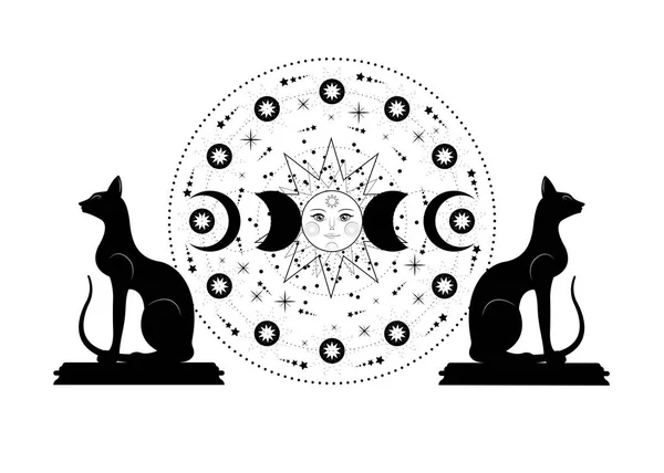 Triple Lune Chats Noirs Symbole Païen Déesse Wiccan Système Solaire — Image vectorielle