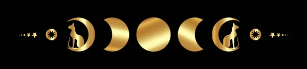 ゴールドトリプルムーンと猫 異教のウィッカの女神のシンボル ムーンフェイズ 黄金のシルエットウィッカのバナーサイン エネルギーサークル 今年のホイールの神聖な幾何学 黒の背景に隔離されたベクトル — ストックベクタ