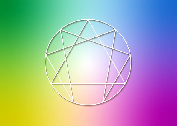 Значок эннеаграммы, сакральная геометрия, шаблон логотипа диаграммы, векторная иллюстрация универсальной энергии, выделенная на красочном градиентном фоне 