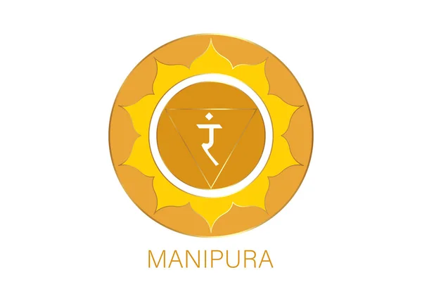 曼尼普拉 太阳丛脉轮符号 黄色标识模板 色彩艳丽的曼陀罗 在白色背景下孤立的精神冥想要素矢量说明 — 图库矢量图片