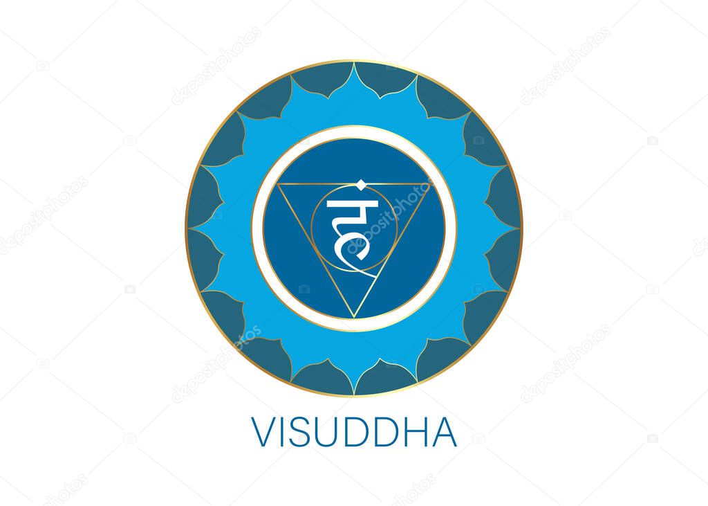 Fifth Throat chakra visuddha with the Hindu Sanskrit seed mantra Vam. Blue is a flat design style symbol for meditation, yoga. Round Logo template Vector isolated on white background