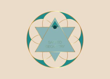 Kutsal Geometri, Yeşil Yaşam Çiçeği logosu şablonu. Uyum ve Dengenin Renkli Sembolü. Saflığın altın işareti. Geometrik üçgen logo yuvarlak tasarım vektörü eski vintage bej arkaplan izole