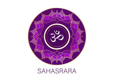 yedinci çakra Sahasrara logo şablonu. Crown çakra sembolü, Purple Sacral meditasyon, yoga yuvarlak mandala ikonu. Merkezdeki Om sembolü, beyaz arkaplanda izole edilmiş vektör