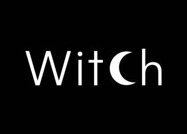 Beyaz çizgi sanat büyücülüğü ve metin cadılı sihirli baskı. Siyah arka planda izole edilmiş vektör. Esrarengiz baskı şablonu ve cadı sembolü, büyülü yaratıcı konsept 