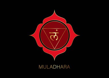 Muladhara çakra logo şablonu. İlk kök çakra sembolü. Kırmızı ve Altın kuyruk işareti meditasyonu, yoga mandala ikonu vektörü siyah arkaplan üzerinde izole 