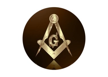 Altın masonluk amblemi - masonik kare ve pusula sembolü. Hepsi tanrının kutsal geometri üçgenindeki gözü, duvarcılık ve illuminati sembolü, yuvarlak logo tasarım elementi. Beyaz üzerine izole edilmiş vektör