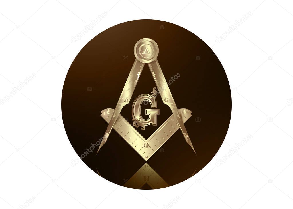 Gold freemasonry emblem - the masonic square and compass symbol. All seeing eye of god in sacred geometry triangle, masonry and illuminati symbol, round logo design element. vector isolated on white